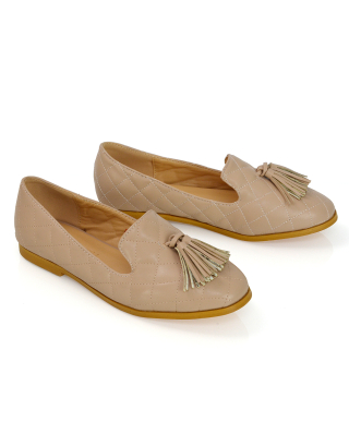 Halanna Quilted Design Tassel Detail Slip on Smart Flat Loafers in Nude Synthetic Leather