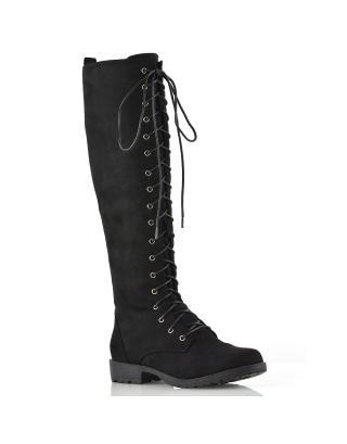 MANDY KNEE HIGH ZIP UP FLAT LACE UP LONG RIDING BOOTS IN BLACK FAUX SUEDE