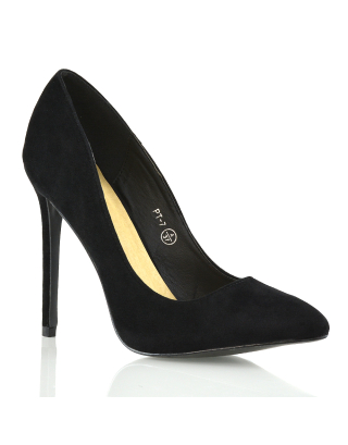 Lu-Lu Pointed Toe Statement Stiletto High Heel Court Shoes in Black Faux Suede