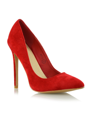 Lu-Lu Pointed Toe Statement Stiletto High Heel Court Shoes in Red Faux Suede