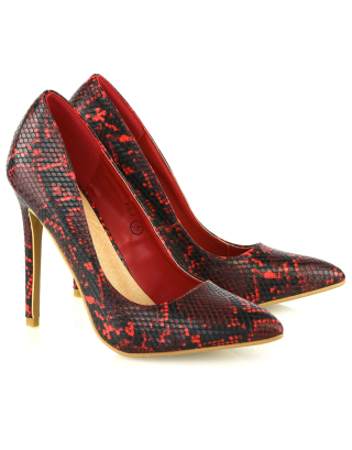 snake print heels in red