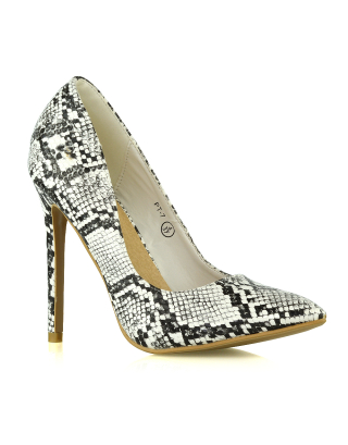 Lu-Lu Pointed Toe Statement Stiletto High Heel Court Shoes in White Snake
