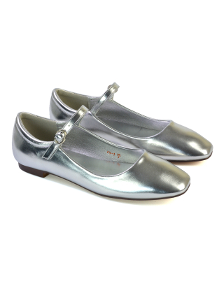 Reigan Mary Jane Square Toe Buckle Up Strappy Flats Ballerina Pumps in Silver 