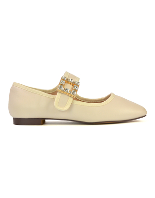 Stan Diamante Buckle Strap Mary Jane Flat Bridal Ballerina Pumps in Nude Synthetic Leather