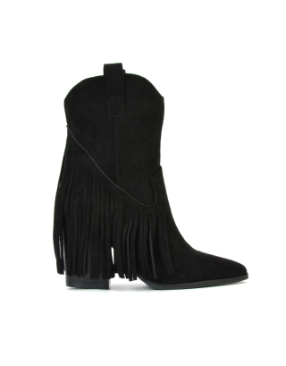Spencer Pointed Toe Tassel Cowboy Boots with a Block Mid Heel in Black 