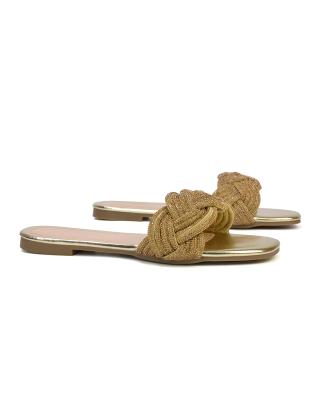 Robin Strappy Square Toe Metallic Summer Diamante Flat Sandal Slides in Gold 