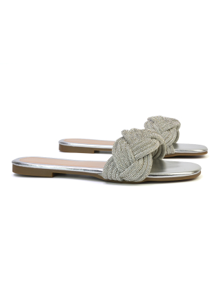 Robin Strappy Square Toe Metallic Summer Diamante Flat Sandal Slides in Silver