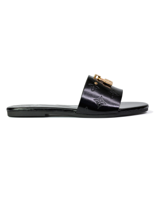 Bobby Patterned Flat Sandals Sliders with Padlock Embellishment in Black
