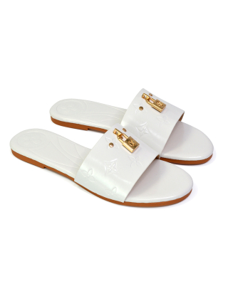 Bobby Patterned Flat Sandals Sliders with Padlock Embellishment in White  