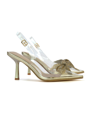 Alaina Diamante Bow Pointed Toe Perspex Court Shoes Slingback Stiletto Heels in Gold