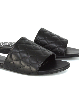 Saylor Quilted Detail Strappy Sandal Flat Sliders in Black Synthetic Leather