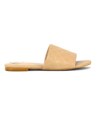 Saylor Quilted Detail Strappy Sandal Flat Sliders in Nude Synthetic Leather