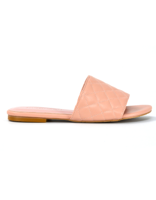 Saylor Quilted Detail Strappy Sandal Flat Sliders in Pink Synthetic Leather