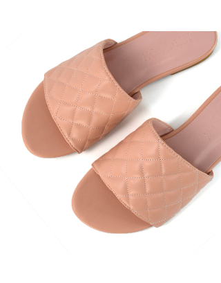 Saylor Quilted Detail Strappy Sandal Flat Sliders in Pink Synthetic Leather