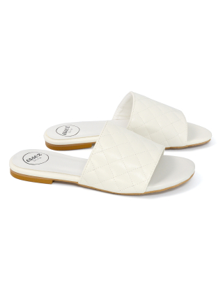 Saylor Quilted Detail Strappy Sandal Flat Sliders in White Synthetic Leather