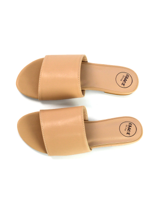 Peony Flat Strappy Slip on Slider Summer Sandals in Nude Synthetic Leather