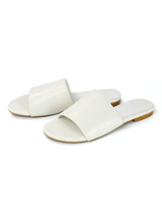 Peony Flat Strappy Slip on Slider Summer Sandals in White Synthetic Leather