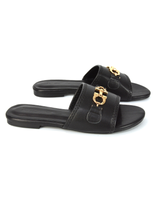 Rome Chain Detail Front Strap Flat Slip on Summer Sandal Sliders in Black Synthetic Leather