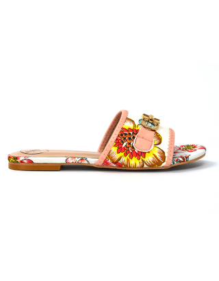 Rome Chain Detail Front Strap Flat Slip on Summer Sandal Sliders in Floral