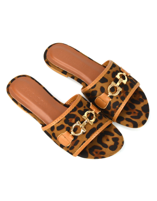 Rome Chain Detail Front Strap Flat Slip on Summer Sandal Sliders in leopard Print