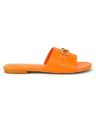 Rome Chain Detail Front Strap Flat Slip on Summer Sandal Sliders in Orange Synthetic Leather