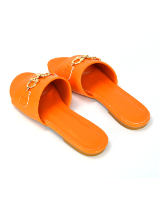 Rome Chain Detail Front Strap Flat Slip on Summer Sandal Sliders in Orange Synthetic Leather