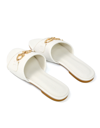 Rome Chain Detail Front Strap Flat Slip on Summer Sandal Sliders in White Synthetic Leather
