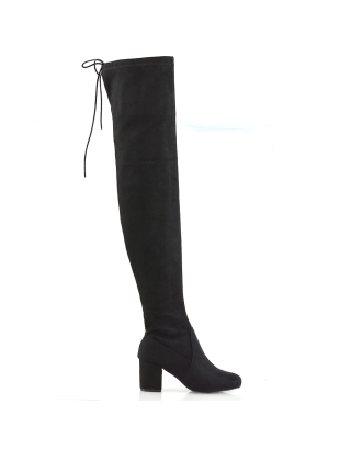 CHRISSY BLACK FAUX SUEDE THIGH HIGHS, black boots, black knee high boots