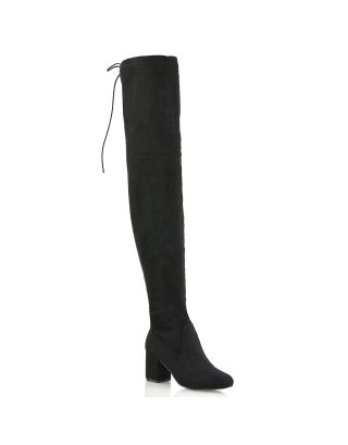 CHRISSY BLACK FAUX SUEDE THIGH HIGHS, black boots, black knee high boots