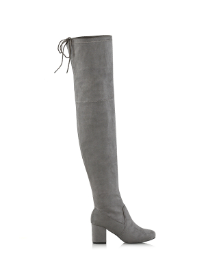 Chrissy Thigh high Block Heeled Over The knee Boots in Grey Faux Suede