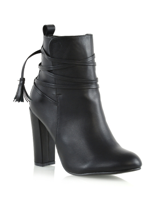 Jamie Tie up Tassel Detail Block High Heel Boots in Black Synthetic Leather