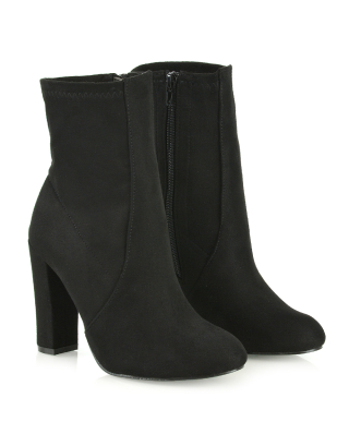 Margot Block High Heeled Zip-up Sock Ankle Boots in Black Faux Suede