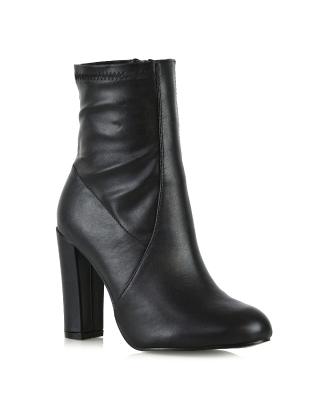 Margot Block High Heeled Zip-up Sock Ankle Boots in Black Synthetic Leather