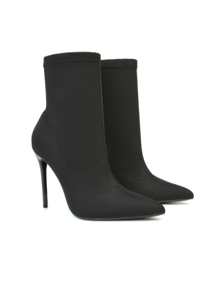 Felix Pointed Toe Stretchy Sock Ankle Boots With Stiletto Heel in Black Lycra