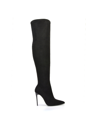 Hawkins Pointed Toe Stiletto High Heel Over The Knee High Sock Boot Heels in Black Faux Suede