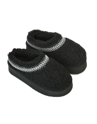 Sonya Aztec Faux Fur Teddy Platform Flatform Sole Slippers in BlacK