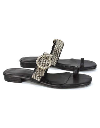 October Toe Post Diamante Strap Flat Sandal Sliders in Black Synthetic Leather