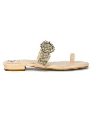 October Toe Post Diamante Strap Flat Sandal Sliders in Nude Synthetic Leather