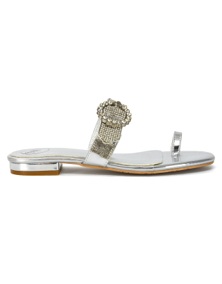 October Toe Post Diamante Strap Flat Sandal Sliders in Silver Metallic