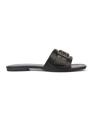 Inez Square Toe Slip On Strappy Flat Sandals With Buckle in Black