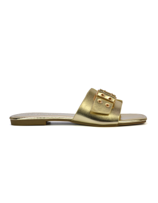 Inez Square Toe Slip On Strappy Flat Sandals With Buckle in Gold 
