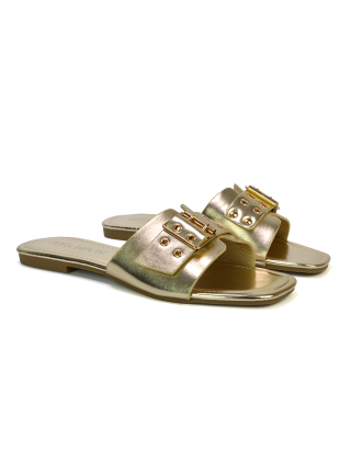 Inez Square Toe Slip On Strappy Flat Sandals With Buckle in Gold 