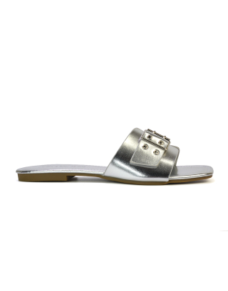 Inez Square Toe Slip On Strappy Flat Sandals With Buckle in Silver
