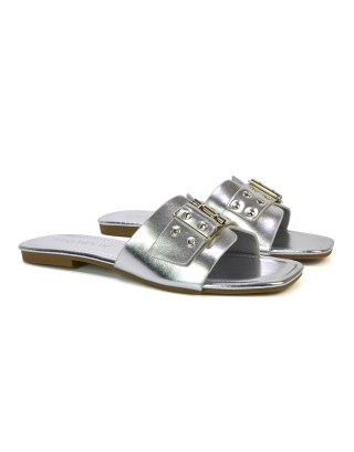 Inez Square Toe Slip On Strappy Flat Sandals With Buckle in Silver