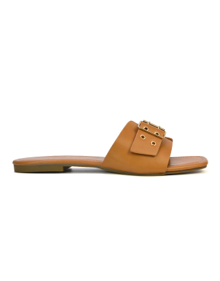 Inez Square Toe Slip On Strappy Flat Sandals With Buckle in Nude