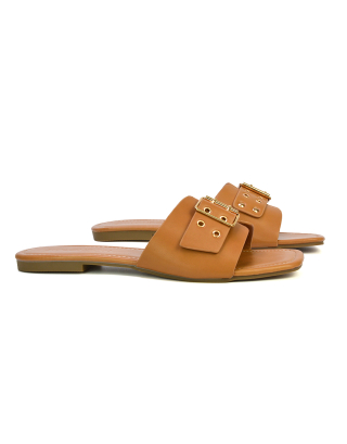 Inez Square Toe Slip On Strappy Flat Sandals With Buckle in Nude