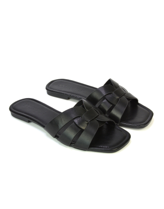 Luci Square Toe Slip On Summer Strappy Flat Holiday Sandals in Black 