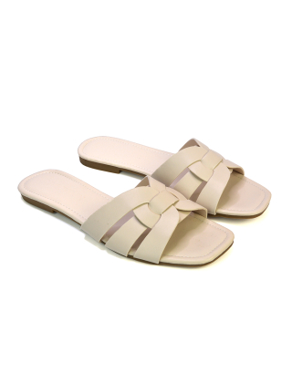 Luci Square Toe Slip On Summer Strappy Flat Holiday Sandals in Nude