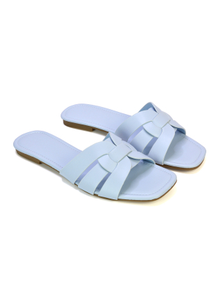 Luci Square Toe Slip On Summer Strappy Flat Holiday Sandals in Blue