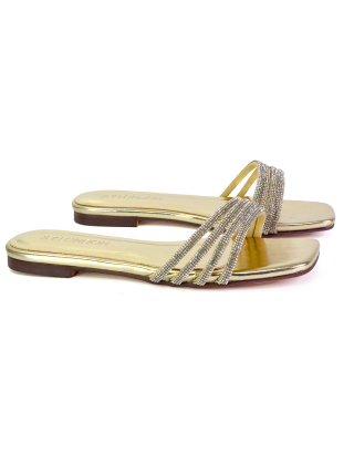 gold diamante flat sandals